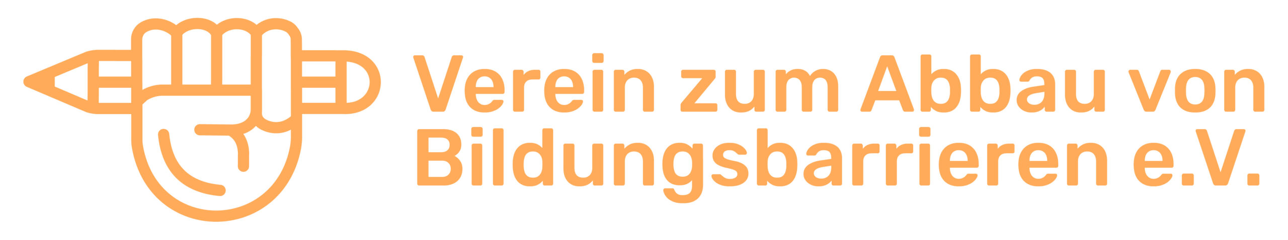 Logo des Vereins, eine gehobene linke Faust hält einen Stift, daneben steht der Schriftzug: Verein zum Abbau von Bildungsbarrieren. Alles hat die Farbe Orange.